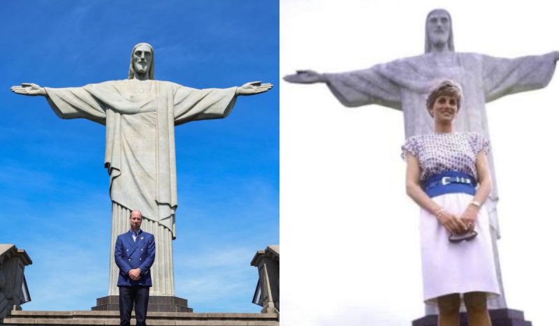 No Instagram, o príncipe William desejou um bom dia aos brasileiros aos pés do Cristo Redentor — à direita, a princesa Diana, durante sua visita ao Brasil em 1991 - @princeandprincessofwales/Instagram/Reprodução; Redes Sociais/Reprodução/ND Mais