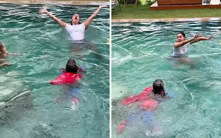 Ana Castella faz festa na piscina com filhas do Zé Felipe